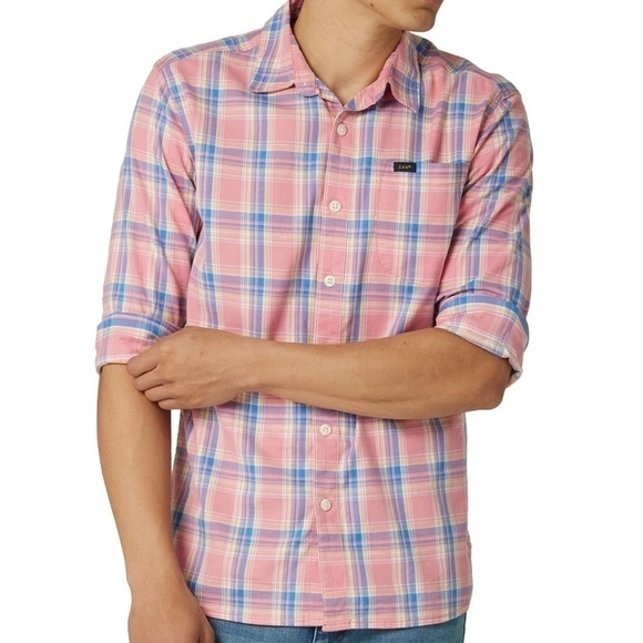 Lee Plaid Twill Pink Blue Button Down Long Sleeve Shirt - Picture 1 of 8